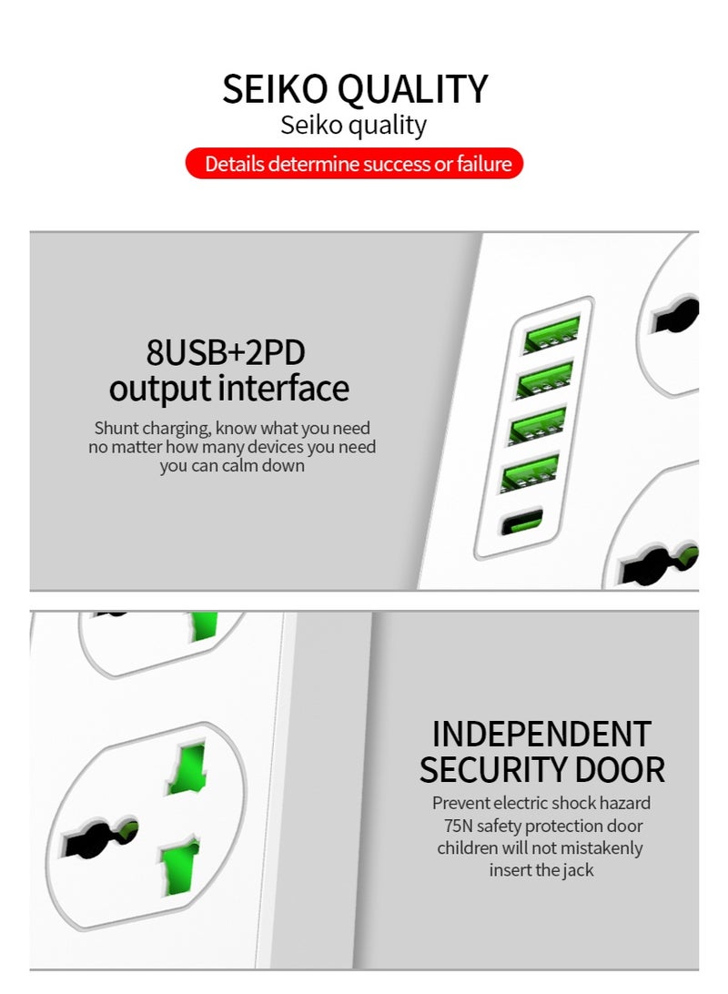 سكاي فيو شريط طاقة واقي من زيادة التيار - سلك تمديد بمقبس مسطح مع 4 منافذ و8 منافذ USB ومنفذين من النوع C، سلك طاقة بطول 2 متر (3000 واط/16 أمبير/110 فولت-265 فولت) مادة مقاومة للهب من البولي كربونات، قلب نحاسي نقي (أبيض) - Image 3