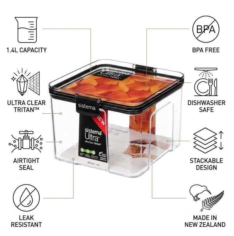 Sistema Ultra Large Tritan Square Food Storage Container 1.4L with Crystal Clear Tritan Plastic, Airtight BPA Free Kitchen Storage Canister for Pantry, Dry Food & Pasta, Made in New Zealand - Image 3