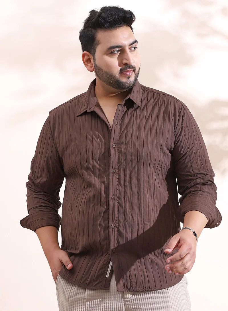 Instafab Plus Instafab Plus Men's Chocolate Brown Quilt-Tactile Shirt For Casual Wear | Spread Collar | Long Cuffed Sleeves | Button Closure | Plus Size Shirt Crafted With Comfort Fit For Everyday Wear