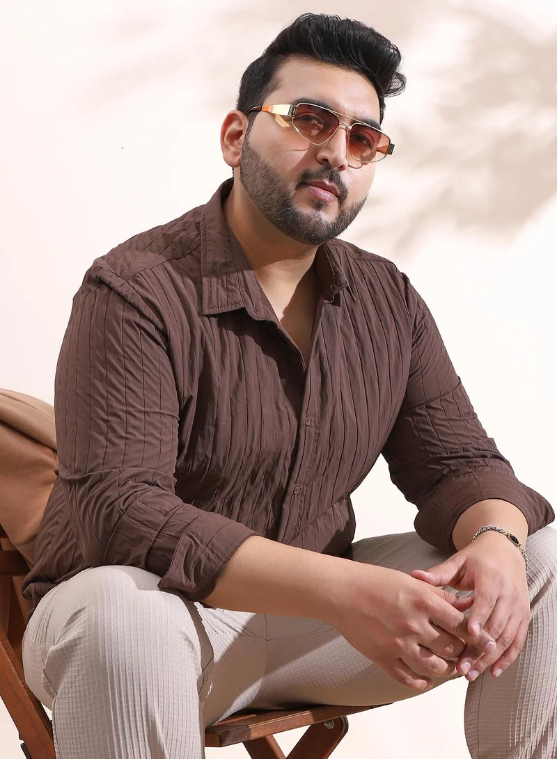 Instafab Plus Instafab Plus Men's Chocolate Brown Quilt-Tactile Shirt For Casual Wear | Spread Collar | Long Cuffed Sleeves | Button Closure | Plus Size Shirt Crafted With Comfort Fit For Everyday Wear