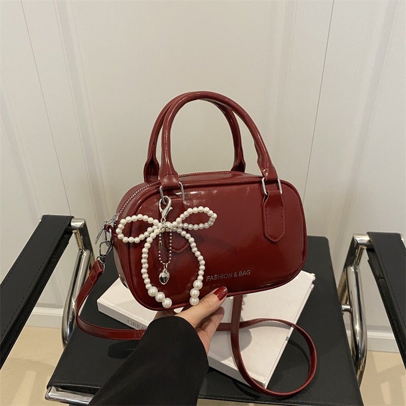 Fashionable Mini Square Crossbody Bag with Pearl Bow - Image 2