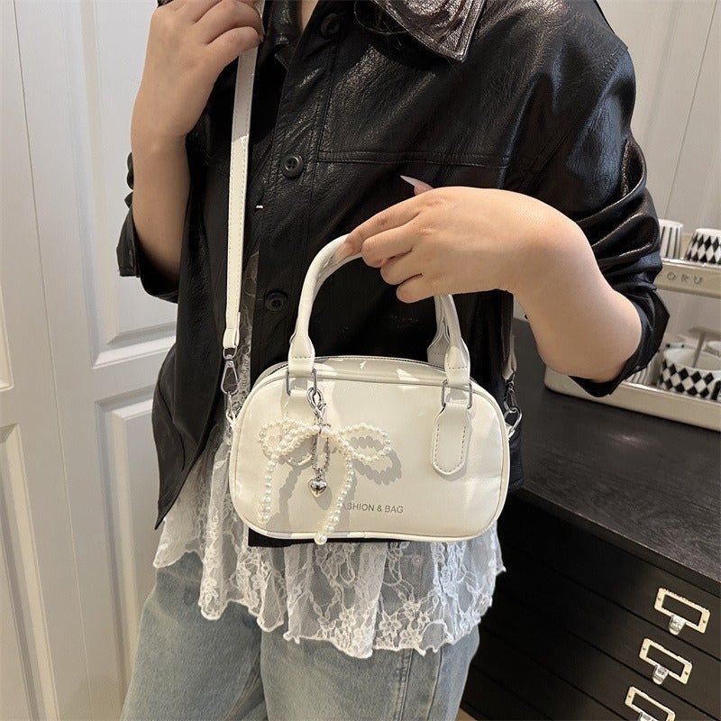 Fashionable Mini Square Crossbody Bag with Pearl Bow - Image 3