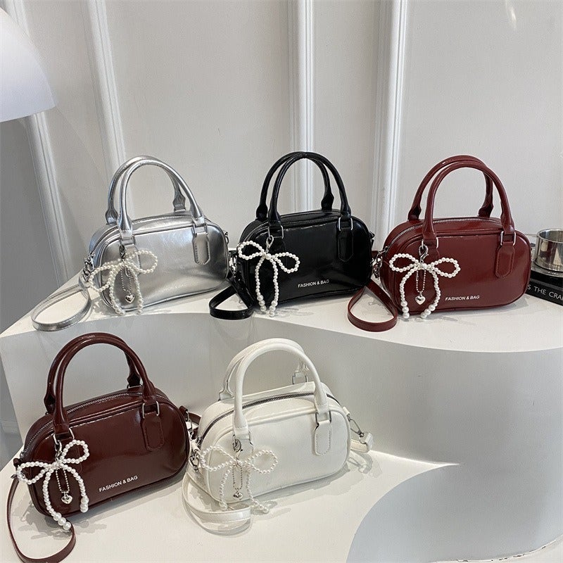 Fashionable Mini Square Crossbody Bag with Pearl Bow - Image 1