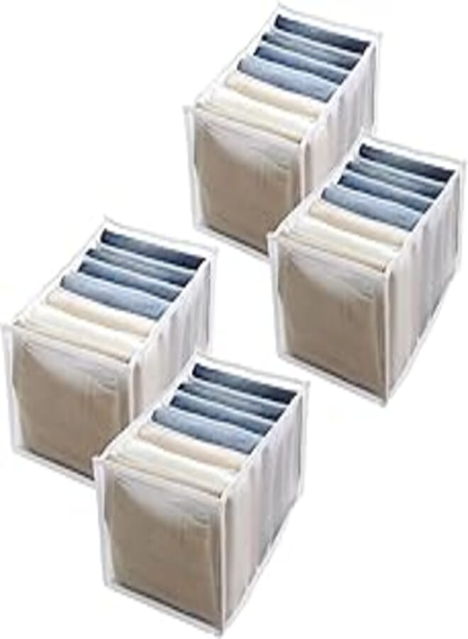 Xspring Clothes Drawer Organizers, 4 Pack Washable Wardrobe Clothes Organizer, Foldable Portable 7 Grids Clothes Drawer Mesh Separation Box, Compartment Storage Box for Underwear and Jeans