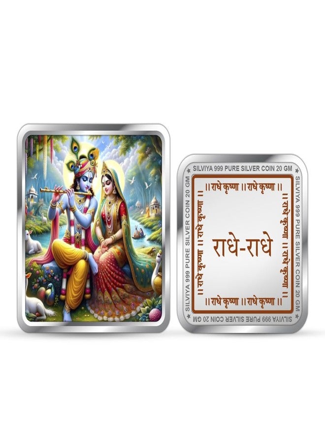 Silviya BIS Hallmarked 999 Pure Silver Radhey Krishna Coin (20g) Square Shape - Divine Couple - Spiritual Gift - Home Blessing - With Certificate of Authenticity - Image 1