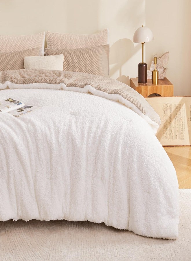 Andency Jacquard Fleece Queen Comforter Set, Reversible Soft Khaki Fuzzy Fluffy Bedding Comforters (90”x90”), Warm Faux Fur Sherpa 3-Piece Bed Sets with 2 Pillowcases - Image 4