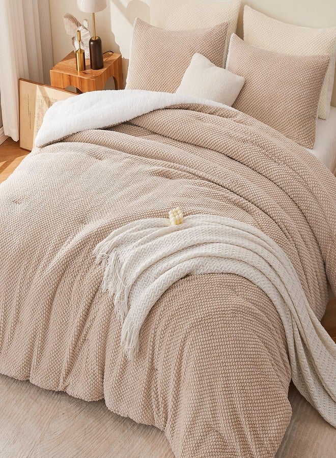 Andency Jacquard Fleece Queen Comforter Set, Reversible Soft Khaki Fuzzy Fluffy Bedding Comforters (90”x90”), Warm Faux Fur Sherpa 3-Piece Bed Sets with 2 Pillowcases - Image 3