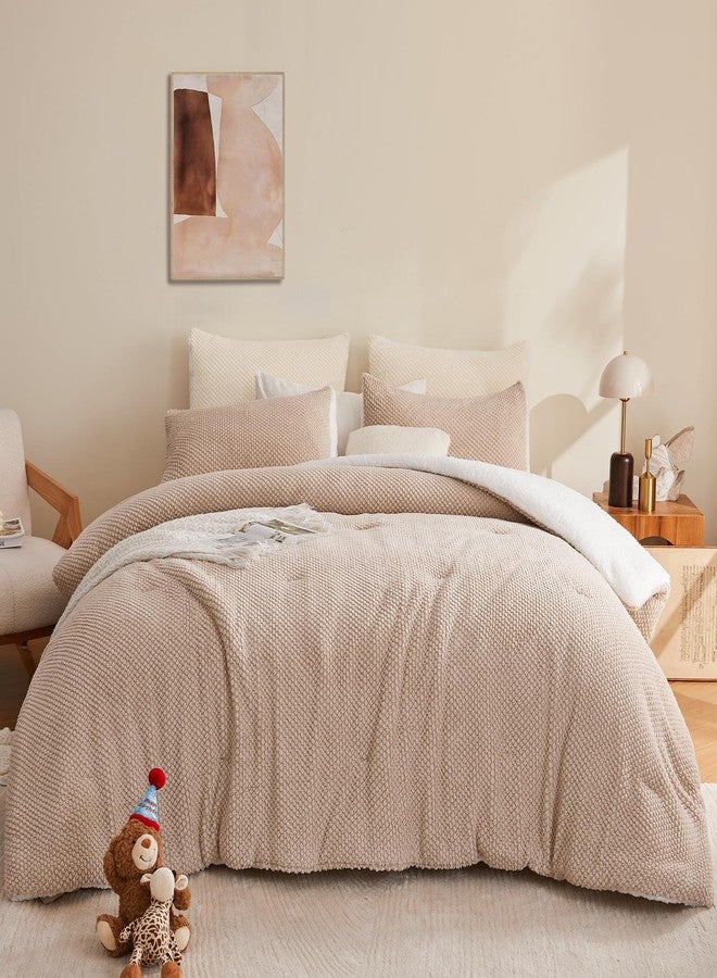 Andency Jacquard Fleece Queen Comforter Set, Reversible Soft Khaki Fuzzy Fluffy Bedding Comforters (90”x90”), Warm Faux Fur Sherpa 3-Piece Bed Sets with 2 Pillowcases - Image 2