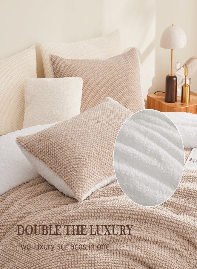 Andency Jacquard Fleece Queen Comforter Set, Reversible Soft Khaki Fuzzy Fluffy Bedding Comforters (90”x90”), Warm Faux Fur Sherpa 3-Piece Bed Sets with 2 Pillowcases - Image 5