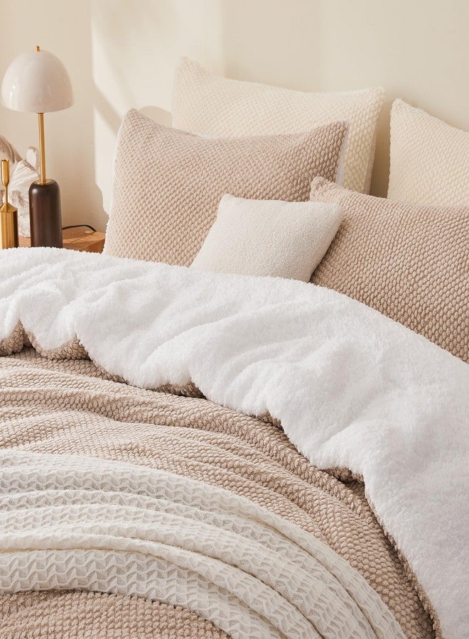 Andency Jacquard Fleece Queen Comforter Set, Reversible Soft Khaki Fuzzy Fluffy Bedding Comforters (90”x90”), Warm Faux Fur Sherpa 3-Piece Bed Sets with 2 Pillowcases - Image 1
