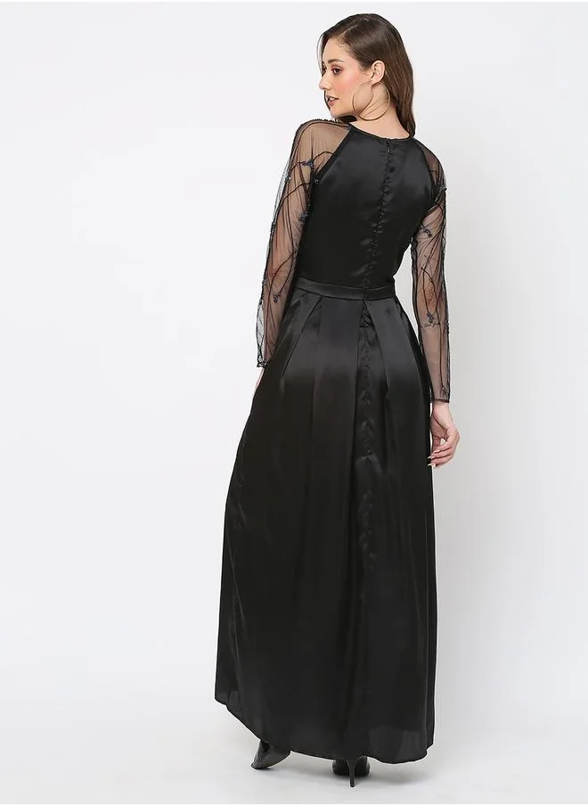 Mish Beaded Sheer Sleeves Satin Cutout Detail Fit & Flare Maxi Dress with Side Slit