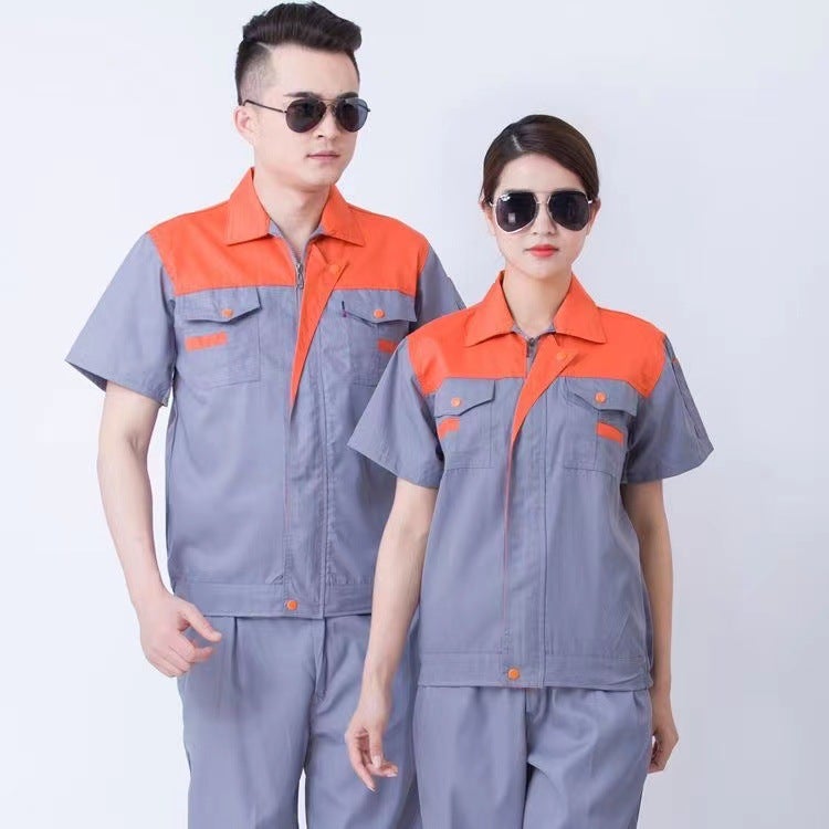 Spring and Autumn single top overalls mens wear-resistant welding auto repair labor protective clothing factory workshop engineering long sleeve color matching shoulder Top Orange and Grey Short-sleeved Single Top 