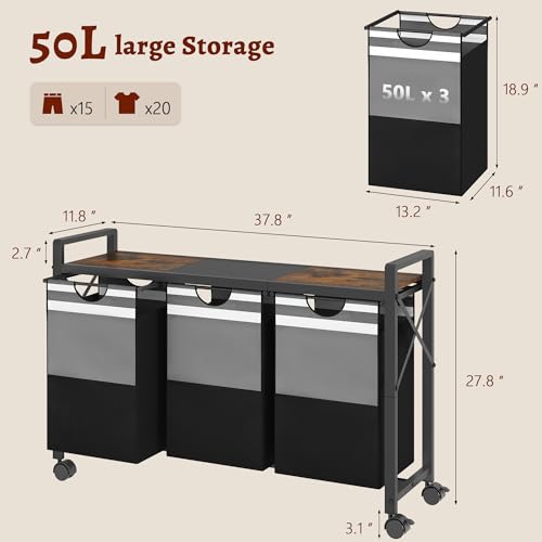 FAVOOSTY Laundry Sorter with Shelf,Laundry Basket Organizer,Laundry Hamper with Shelf, 3 ×11 Gal（50L）3 Section Laundry Sorter with Pull-Out Removable Oxford Fabric Bags and Movable Wheels Grey Black - Image 3
