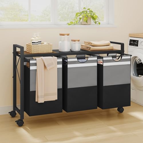 FAVOOSTY Laundry Sorter with Shelf,Laundry Basket Organizer,Laundry Hamper with Shelf, 3 ×11 Gal（50L）3 Section Laundry Sorter with Pull-Out Removable Oxford Fabric Bags and Movable Wheels Grey Black - Image 2