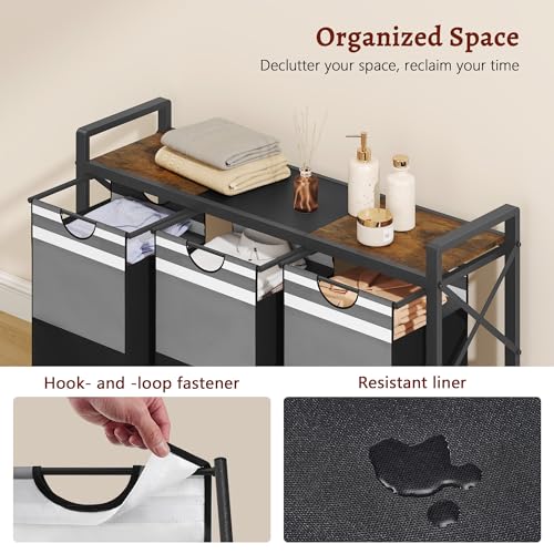 FAVOOSTY Laundry Sorter with Shelf,Laundry Basket Organizer,Laundry Hamper with Shelf, 3 ×11 Gal（50L）3 Section Laundry Sorter with Pull-Out Removable Oxford Fabric Bags and Movable Wheels Grey Black - Image 4