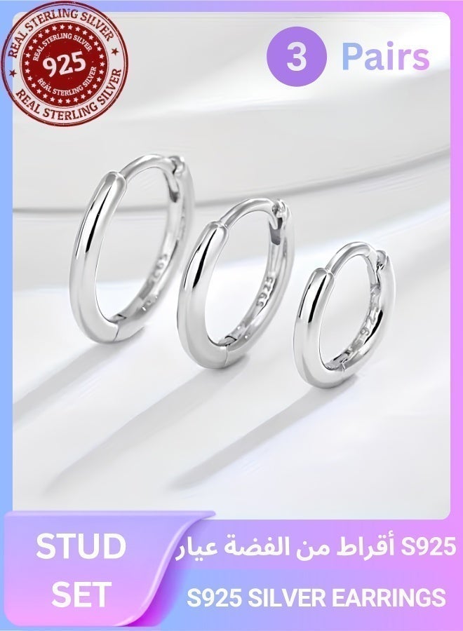 عين طقم أقراط حلقية (Hoop) للنساء مكون من 3 أزواج من الفضة الإسترليني عيار S925 – أقراط صغيرة لا تسبب الحساسية بمقاسات 6 مم و8 مم و10 مم، بتصميم بسيط ومناسب للأذنين الحساسة. - Image 1