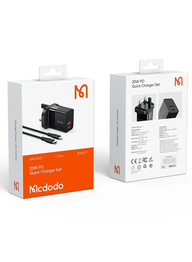 مكدودو شاحن MCDODO CH1302 من سلسلة الهيدروجين بقوة 20 واط مع مجموعة كابلات (قابس بريطاني) - أسود - Image 1