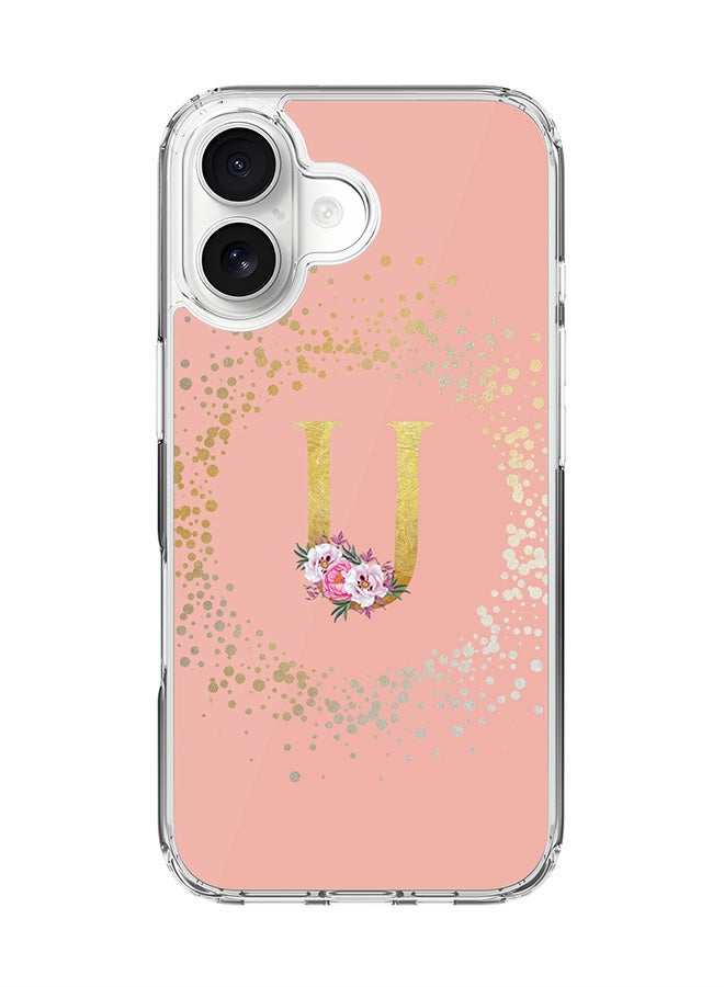 Stylizedd Classic Clear MagSafe Case for iPhone 17 , Hybrid Soft Case Flexible Edges Anti Drop TPU PC Gel Thin Transparent Cover [ Designed for iPhone 17 ] - Custom Monogram Initial Letter Floral Pattern Alphabet - U  (Rose Pink )