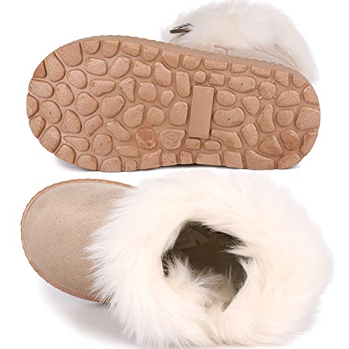 Femizee Toddler Girls Boots Warm Winter Snow Boots for Kid Boys Flat Button Size 7 Toddler,Beige 25 - Image 3