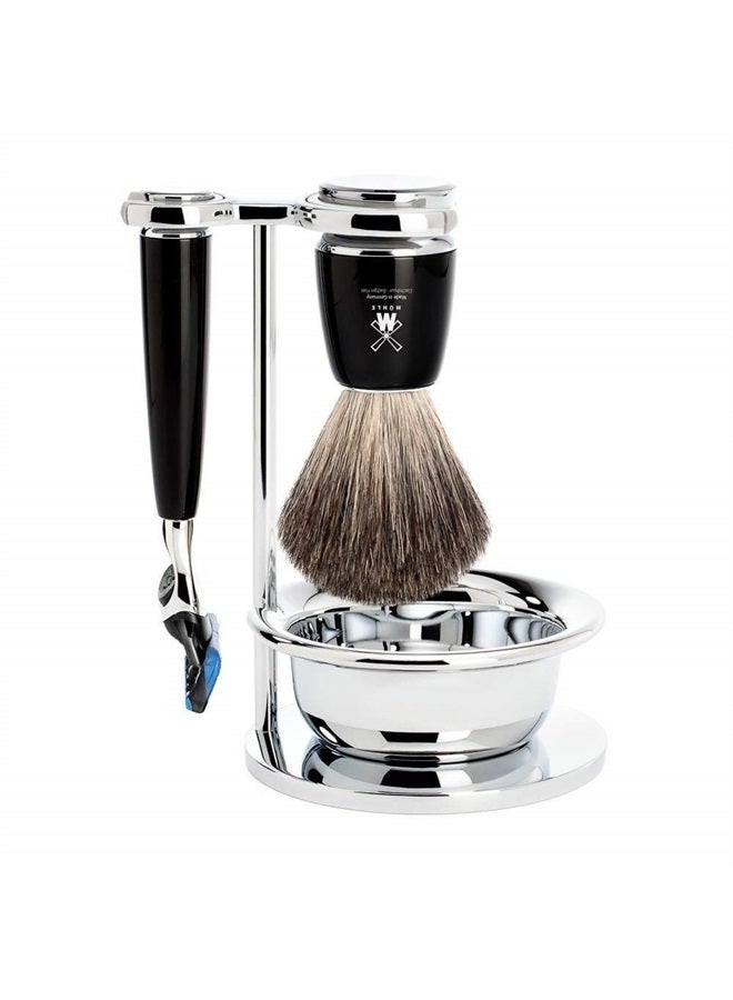 M MÜHLE مجموعة حلاقة مÜHLE RYTMO السوداء 4 قطع من شعر القندس النقي مع ماكينة حلاقة 5 شفرات - مثالية للاستخدام اليومي، جودة حلاقة قريبة وناعمة مثل صالونات الحلاقة - Image 1