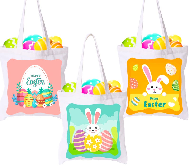 HEYTUYA 3 Pack Large Easter Canvas Tote Bags with Handles Happy Easter Basket Egg Bunny Rabbit Gift Bag Treat Bags for Kids Trick Bag Kids Party Favor Supplies