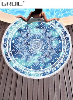 GROIC Microfiber Mandala Round Blue Beach Towel Blanket, Oversized Quick Dry Super Absorbent Thick Towel for Pool Swimming Picnic Yoga Mat Wall Decor Tapestry Circle Table Cloth, 59” Bohemian Towel  - Image 1