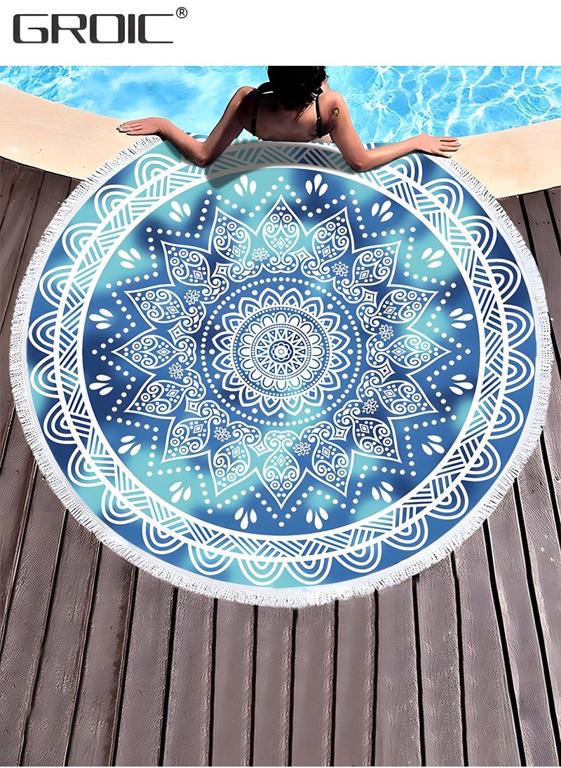 GROIC Microfiber Mandala Round Blue Beach Towel Blanket, Oversized Quick Dry Super Absorbent Thick Towel for Pool Swimming Picnic Yoga Mat Wall Decor Tapestry Circle Table Cloth, 59” Bohemian Towel  - Image 1