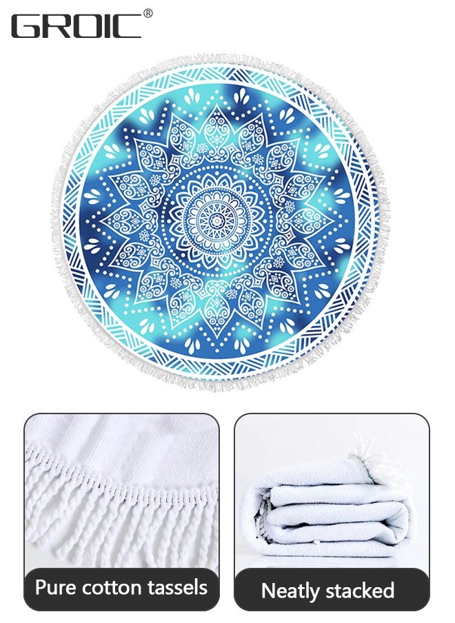 GROIC Microfiber Mandala Round Blue Beach Towel Blanket, Oversized Quick Dry Super Absorbent Thick Towel for Pool Swimming Picnic Yoga Mat Wall Decor Tapestry Circle Table Cloth, 59” Bohemian Towel  - Image 3