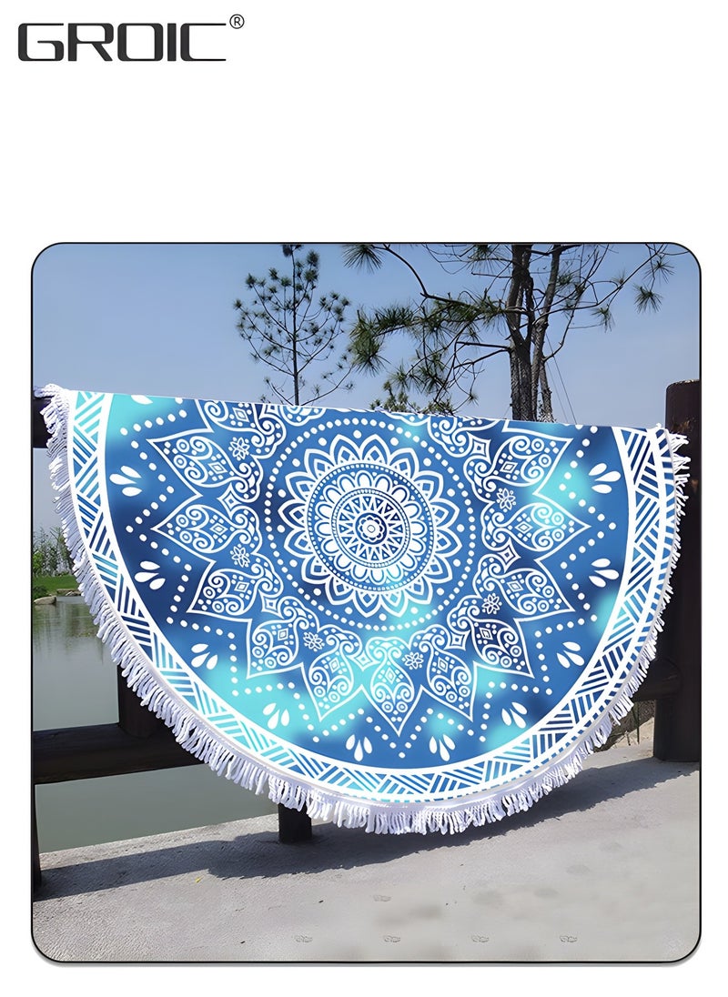 GROIC Microfiber Mandala Round Blue Beach Towel Blanket, Oversized Quick Dry Super Absorbent Thick Towel for Pool Swimming Picnic Yoga Mat Wall Decor Tapestry Circle Table Cloth, 59” Bohemian Towel  - Image 4
