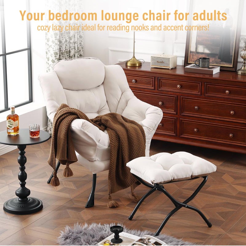 Furlide Lazy Chair with Ottoman, Modern Chair with Folding Footrest, Beige Lounge Accent Chair, Comfortable Reading Chair, Oversized Armchairs for Bedroom, Study, Living Room, Courtyard - Image 2