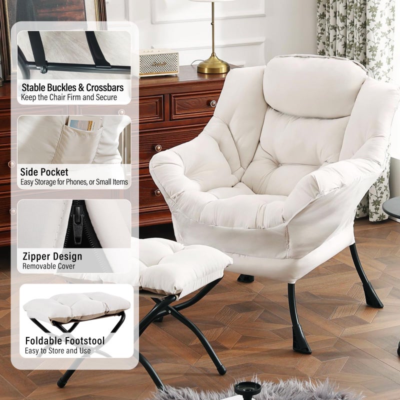 Furlide Lazy Chair with Ottoman, Modern Chair with Folding Footrest, Beige Lounge Accent Chair, Comfortable Reading Chair, Oversized Armchairs for Bedroom, Study, Living Room, Courtyard - Image 5