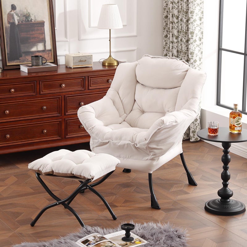 Furlide Lazy Chair with Ottoman, Modern Chair with Folding Footrest, Beige Lounge Accent Chair, Comfortable Reading Chair, Oversized Armchairs for Bedroom, Study, Living Room, Courtyard - Image 1