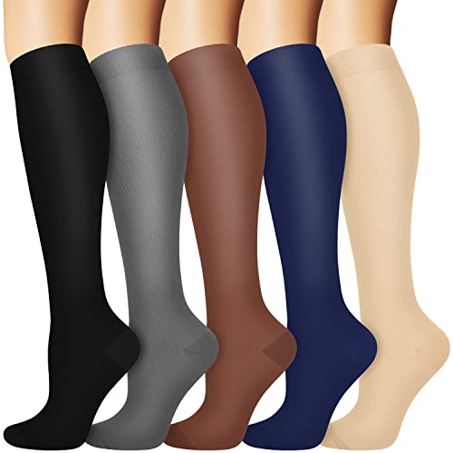 SOOVERKI 5 Pairs Knee High Graduated Compression Socks For Women and Men - Best Medical, Nursing, Travel & Flight Socks - Running & Fitness - 15-20mmHg (L/XL, Assorted 2) - Image 1