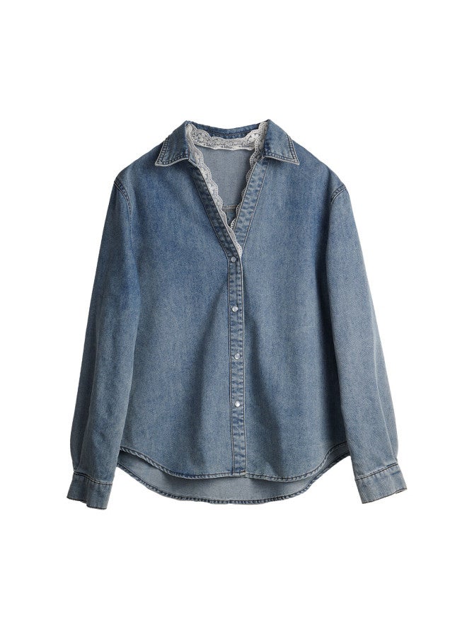 Olrain Oulain French-style Denim Shirt Women's Clothing, Autumn New Style, Lapel Patchwork Lace Top, Prussian Blue, XL - Image 2
