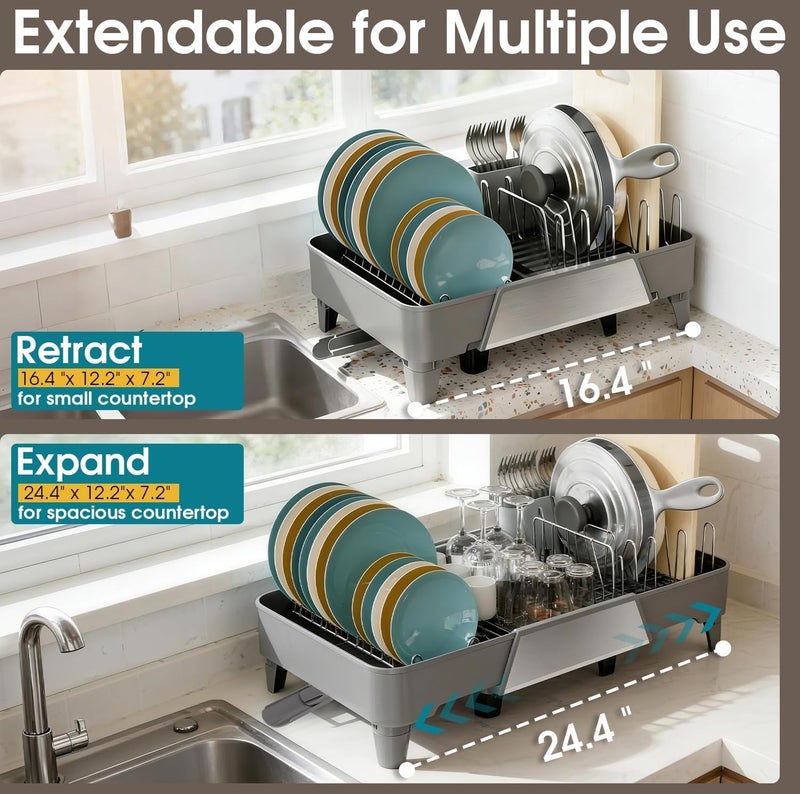FOXHIVE Large Expandable Dish Drying Rack, Dish Racks for Kitchen Counter, Space Saving & Rust Resistant Dish Drainer with Removable Drainboard & Utensil Holder, Adjustable Length 16.4 to 24.4 Inches - Image 5