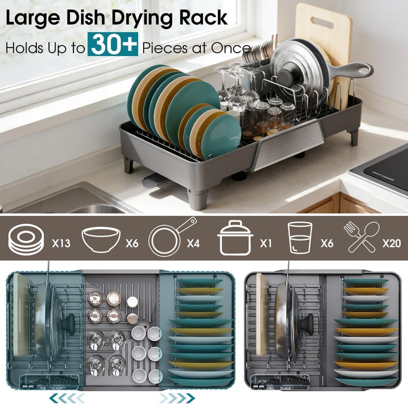 FOXHIVE Large Expandable Dish Drying Rack, Dish Racks for Kitchen Counter, Space Saving & Rust Resistant Dish Drainer with Removable Drainboard & Utensil Holder, Adjustable Length 16.4 to 24.4 Inches - Image 4