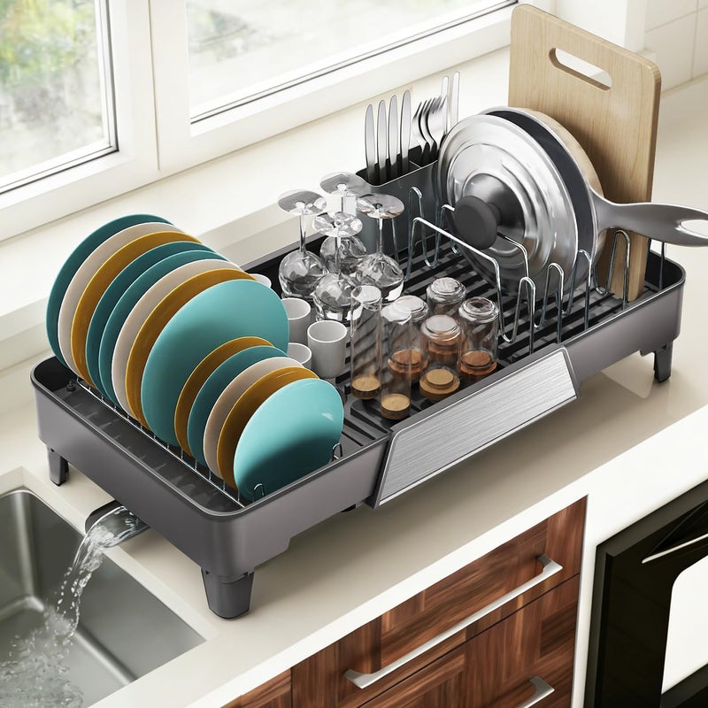 FOXHIVE Large Expandable Dish Drying Rack, Dish Racks for Kitchen Counter, Space Saving & Rust Resistant Dish Drainer with Removable Drainboard & Utensil Holder, Adjustable Length 16.4 to 24.4 Inches - Image 2