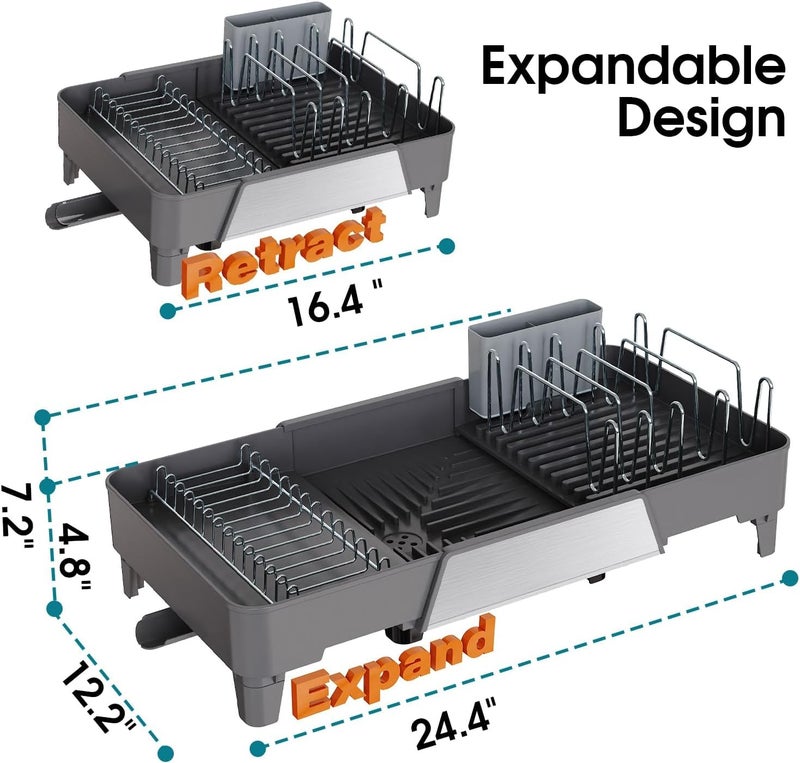 FOXHIVE Large Expandable Dish Drying Rack, Dish Racks for Kitchen Counter, Space Saving & Rust Resistant Dish Drainer with Removable Drainboard & Utensil Holder, Adjustable Length 16.4 to 24.4 Inches - Image 3
