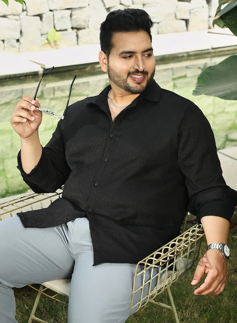 Instafab Plus Instafab Plus Men's Onyx Black Abstract-Textured Shirt For Casual Wear | Spread Collar | Long Cuffed Sleeves | Button Closure | Plus Size Shirt Crafted With Comfort Fit For Everyday Wear