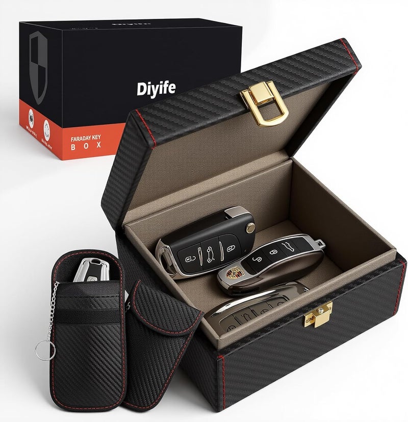 Diyife Car Key Signal Blocker Box with 2 Pack Faraday Pouch - Premium Leather Anti-Theft RFID Signal Blocking Box - Image 1