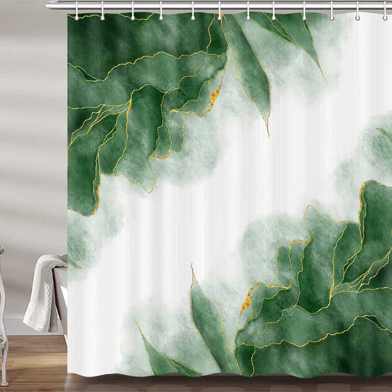 MERCHR Green and Gold Marble Shower Curtain Dark Emerald Sage Hunter Olive Green Fabric Shower Curtains Set for Bathroom Modern Golden White Restroom Decor Accessories with Hooks 72X 72 Inch