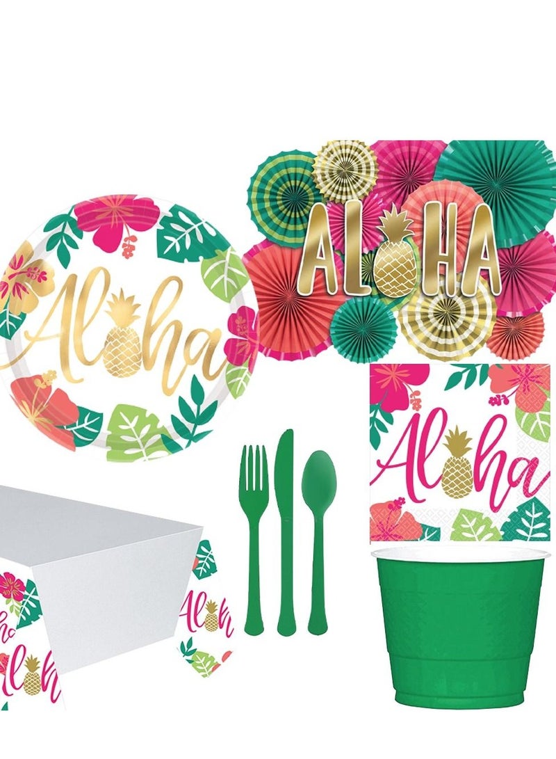 Amscan Aloha Premium Tableware Party Supplies, Inlcudes Plates, Cups, Napkins, Cutlery, Tablecover and Decorating Kit for 8 Guests - Image 1