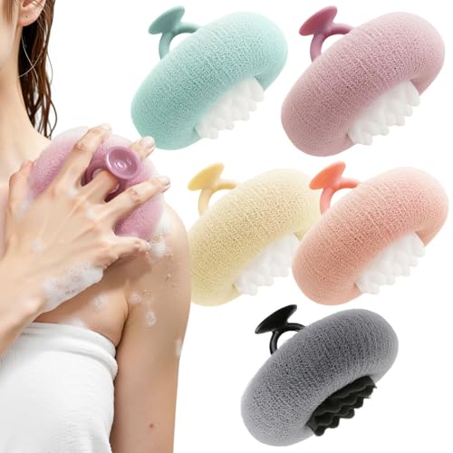 awrose 5 Packs Bath Sponge Shower Loofah, 2 in 1 Exfoliating Body Scrubber Exfoliator Net Sponges with Finger Rings, Super Soft Sunflower Suction Cup Bath Ball for Women Men (Pink+Yellow+Green+Purple+Gray) - Image 1