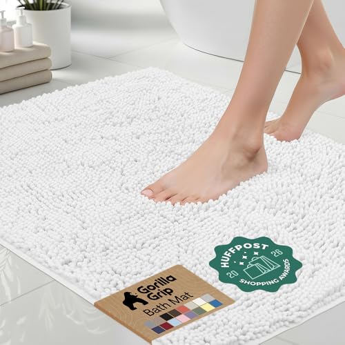 GORILLA GRIP Bath Rug Mat 30x20 Thick Soft Absorbent Chenille Quick Dry Microfiber Mats Rubber Backing Washable Shower Floor Rugs US Designed Bathroom Bathmat Home Decor Accessories White - Image 1