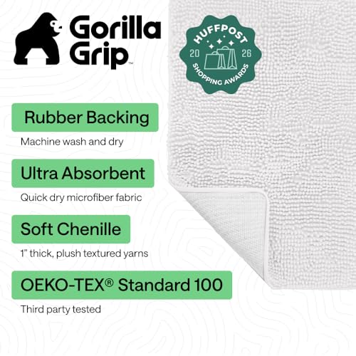 GORILLA GRIP Bath Rug Mat 30x20 Thick Soft Absorbent Chenille Quick Dry Microfiber Mats Rubber Backing Washable Shower Floor Rugs US Designed Bathroom Bathmat Home Decor Accessories White - Image 3