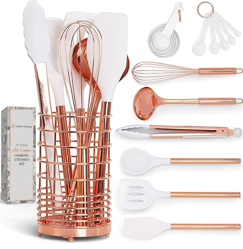 styled settings White Silicone and Copper Kitchen Utensils Set with Holder - 17-Piece Rose Gold Cooking Tools for Nonstick Cookware, with Measuring Cups, Spoons, & Utensil Holder - Stylish Copper Kitchen Accessories - Image 1