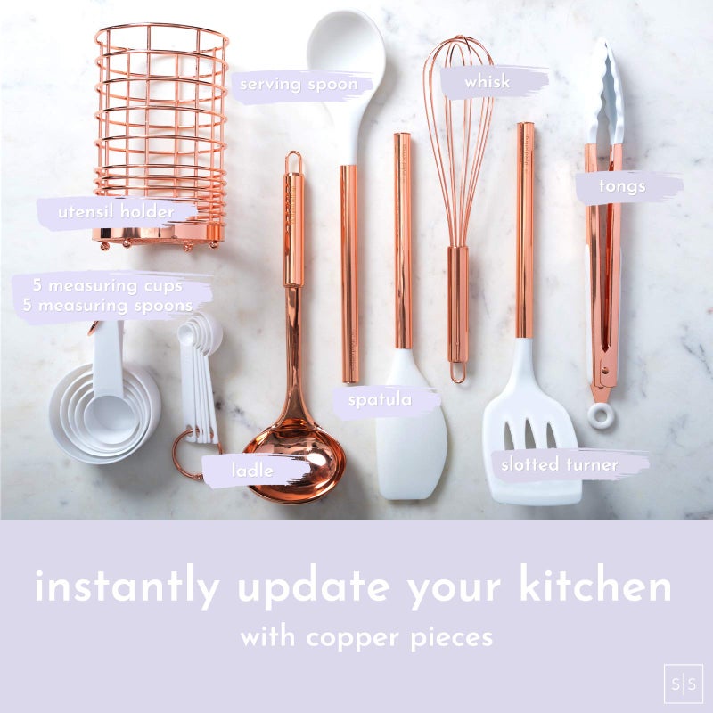 styled settings White Silicone and Copper Kitchen Utensils Set with Holder - 17-Piece Rose Gold Cooking Tools for Nonstick Cookware, with Measuring Cups, Spoons, & Utensil Holder - Stylish Copper Kitchen Accessories - Image 2