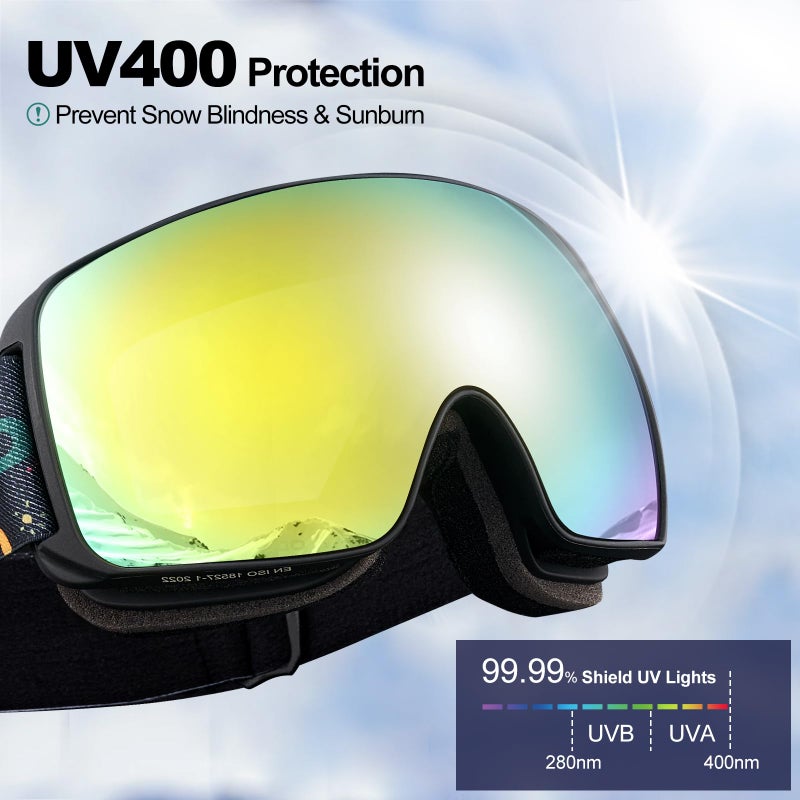 Odoland Kids Ski Goggles, Snowboard Goggles for Youth Skiing Age 8-16, Snow Goggles S2 Double Lens Anti-Fog UV400 Protectionï¼ŒMirror REVO Gold 12% - Image 5