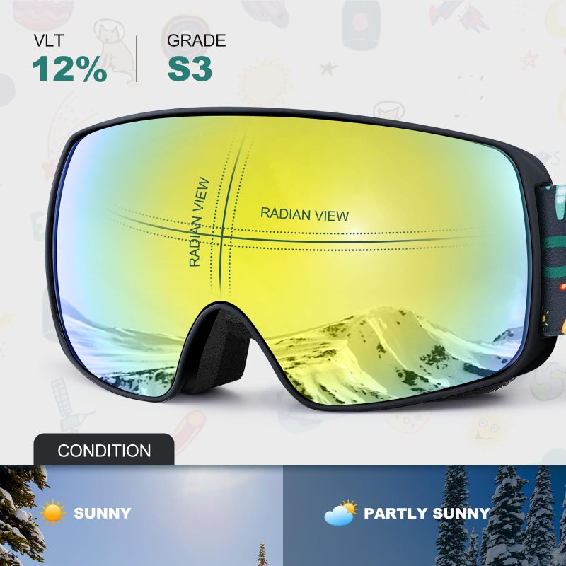 Odoland Kids Ski Goggles, Snowboard Goggles for Youth Skiing Age 8-16, Snow Goggles S2 Double Lens Anti-Fog UV400 Protectionï¼ŒMirror REVO Gold 12% - Image 3