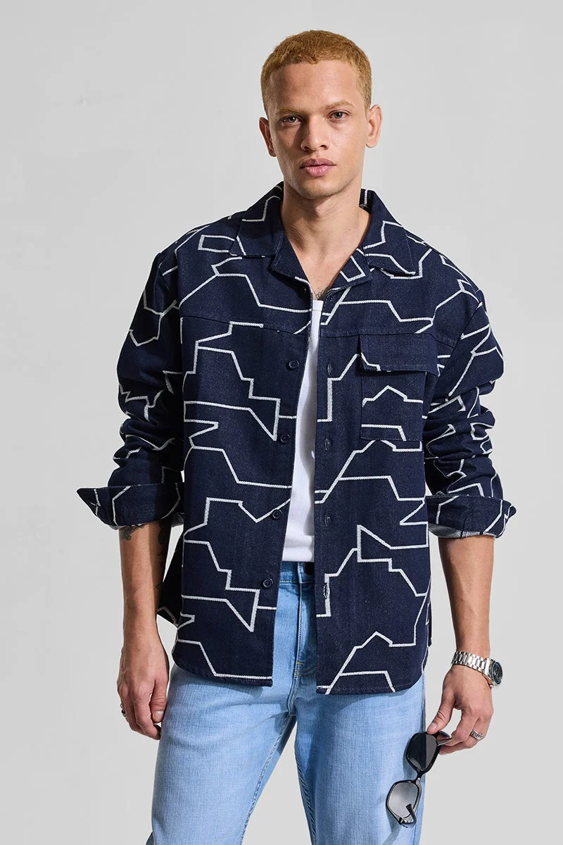 SNITCH Navy Navy Embroidered Long Sleeve Relaxed Streetwear Overshirt for Men | Best Price UAE